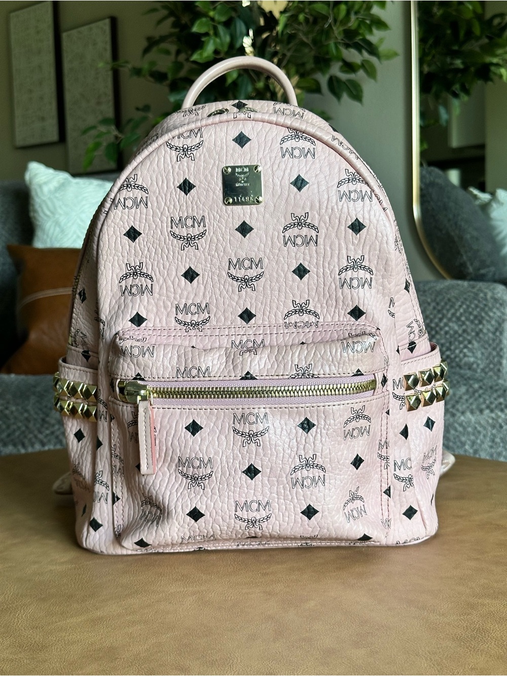 AUTHENTIC MCM Light Pink Logo Studded Visetos Backpack with Gold Plate
